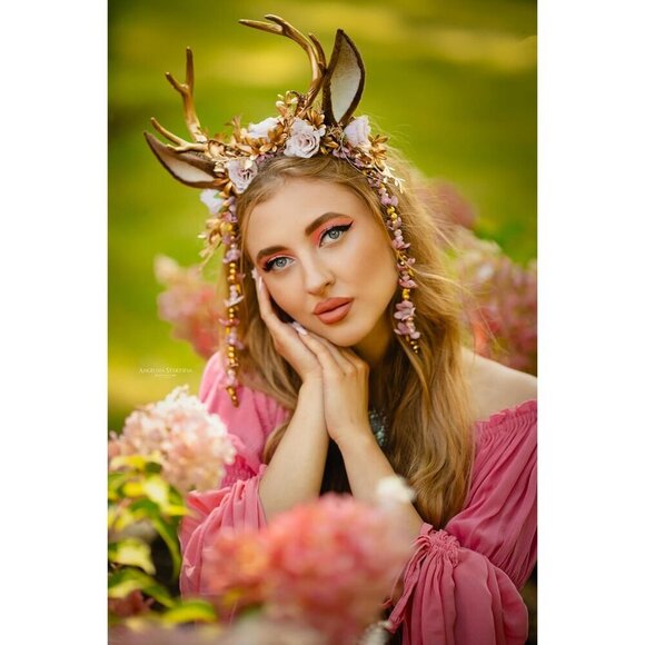 Woodland Floral Reindeer Headpiece Gold Pink for Cosplay Party Festival